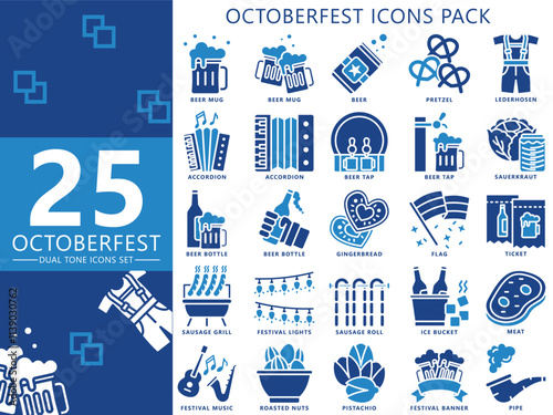 Oktoberfest dual tone icons pack, includes traditional Bavarian elements like beer barrels, bratwurst, accordions, beer tents, Pretzels, lights, meat, pipe, lederhosen, dirndls and more. vector EPS 10