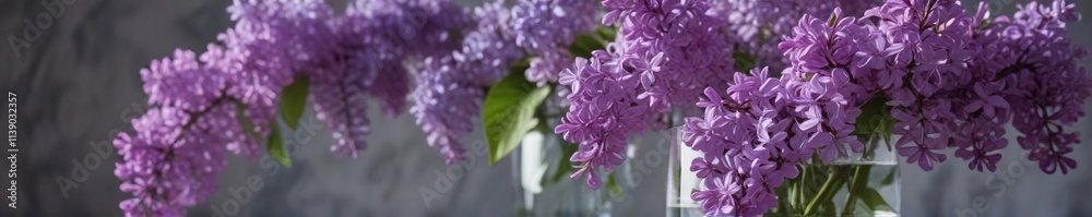 Freshly picked lilac flowers arranged in a glass vase filled with water, arrangement, glass vase Freshly picked lilac flowers arranged in a glass vase filled with water, arrangement, glass vase