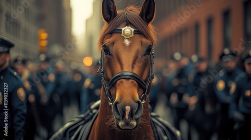 A close-up of a horse in harness, with police officers in the background during a parade.
