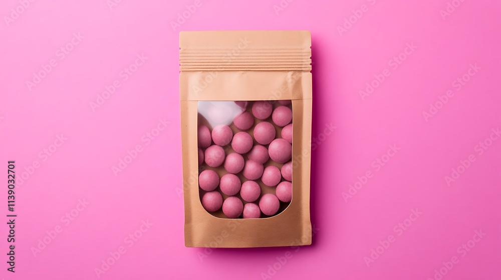 Plant-Based Cough Drops in Kraft Paper Pouch Showcasing Natural Ingredients Against a Bright Pink Background for Eco-Friendly Packaging Concepts Plant-Based Cough Drops in Kraft Paper Pouch Showcasing Natural Ingredients Against a Bright Pink Background for Eco-Friendly Packaging Concepts