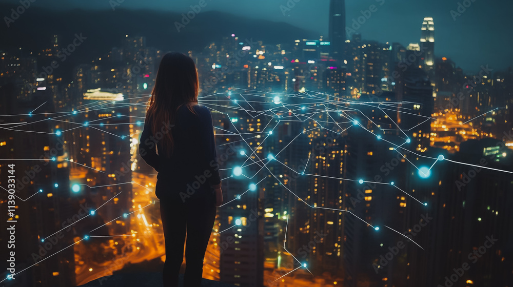 Abstract businesswoman stands on the peak of success Smart digital city with connection cyber security network reciprocity over the cityscape future wireless digital city and social media networking Abstract businesswoman stands on the peak of success Smart digital city with connection cyber security network reciprocity over the cityscape future wireless digital city and social media networking