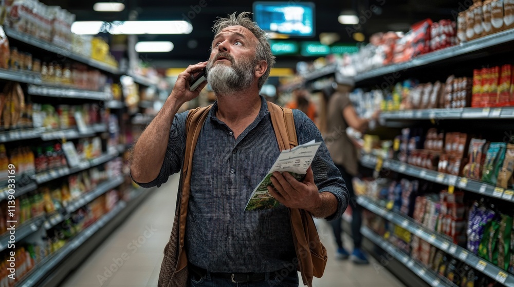 A husband standing in a supermarket aisle, confused and holding a shopping list, while his wife calls him with more instructions A husband standing in a supermarket aisle, confused and holding a shopping list, while his wife calls him with more instructions