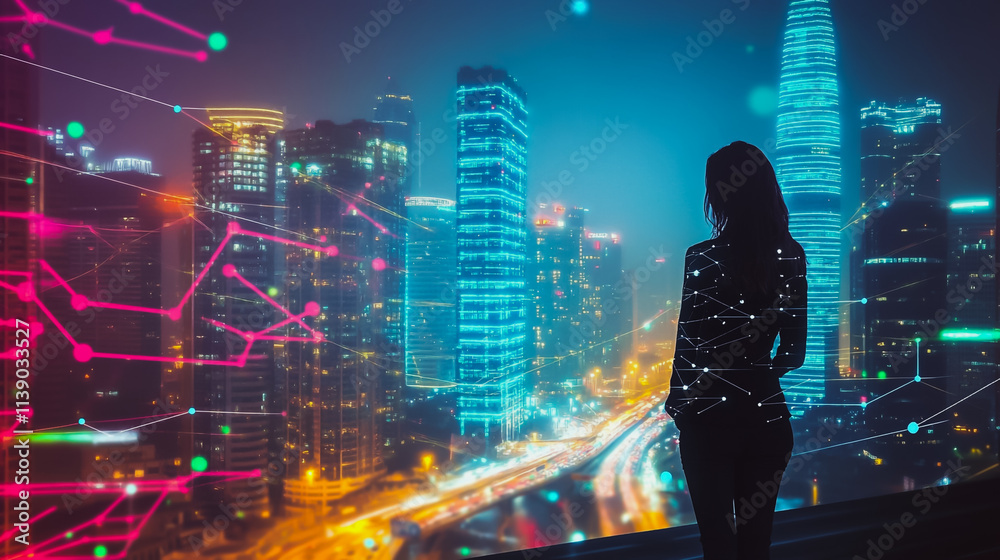 Abstract businesswoman stands on the peak of success Smart digital city with connection cyber security network reciprocity over the cityscape future wireless digital city and social media networking Abstract businesswoman stands on the peak of success Smart digital city with connection cyber security network reciprocity over the cityscape future wireless digital city and social media networking