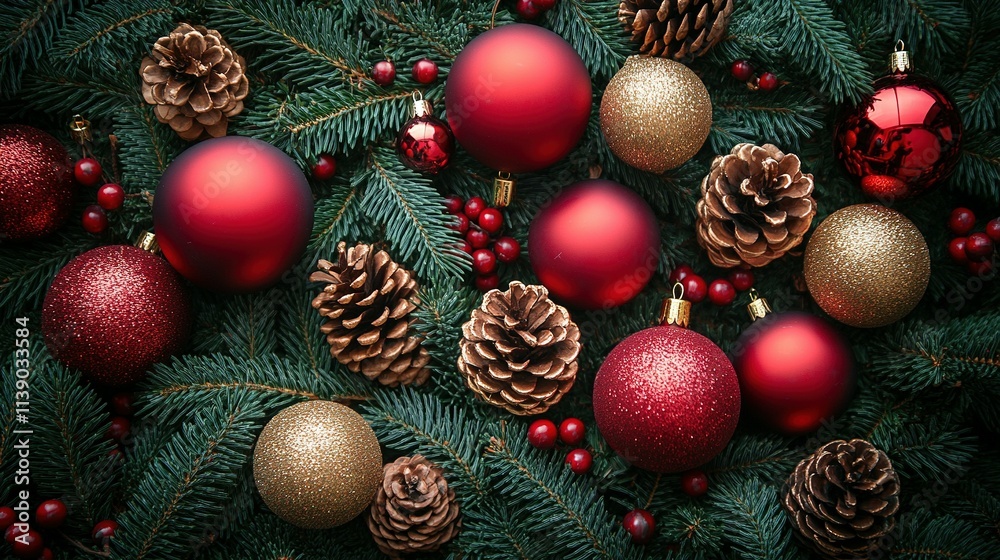 Stylish Flat Lay of Holiday Ornaments, Pine Cones, and Seasonal Accents Stylish Flat Lay of Holiday Ornaments, Pine Cones, and Seasonal Accents