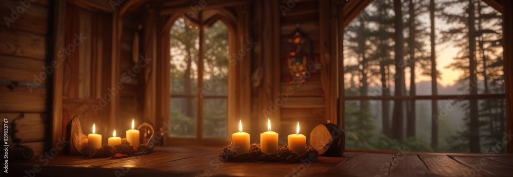 Obraz premium Heart-shaped candles lit against a warm, golden glow in a cozy cabin amidst the trees, heart shaped light, woodsy, warmth