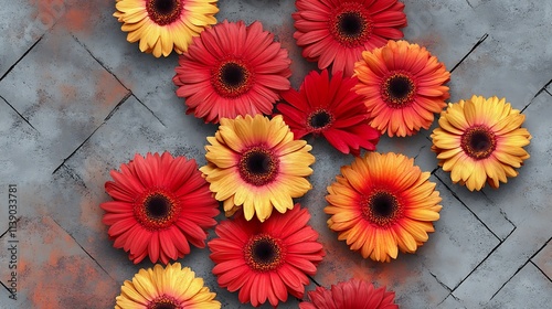 Oversized gerbera daisies in bright red and yellow shades, arranged symmetrically in a repeating diamond pattern, with a textured gray background, hd quality, bold and elegant design.