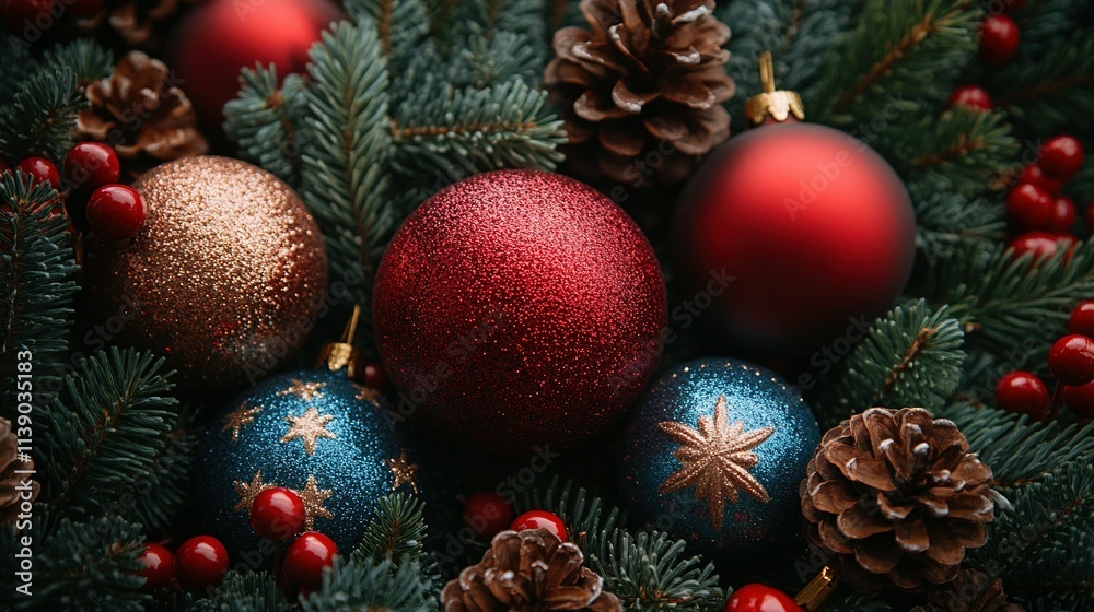 Beautifully Arranged Flat Lay of Holiday Ornaments and Pine Cone Decor Beautifully Arranged Flat Lay of Holiday Ornaments and Pine Cone Decor