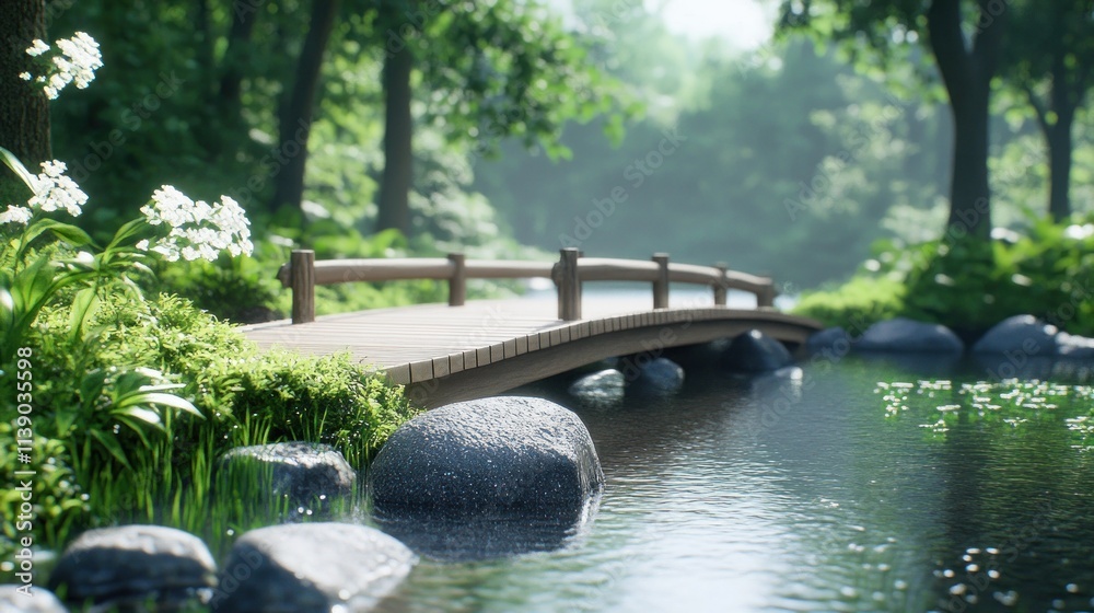 Naklejka premium A serene wooden bridge over a tranquil stream in a lush forest.