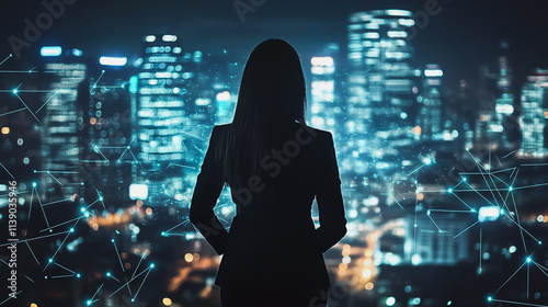 Abstract businesswoman stands on the peak of success Smart digital city with connection cyber security network reciprocity over the cityscape future wireless digital city and social media networking