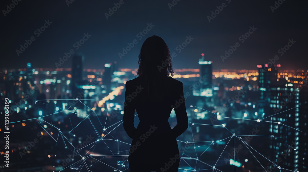 Abstract businesswoman stands on the peak of success Smart digital city with connection cyber security network reciprocity over the cityscape future wireless digital city and social media networking Abstract businesswoman stands on the peak of success Smart digital city with connection cyber security network reciprocity over the cityscape future wireless digital city and social media networking