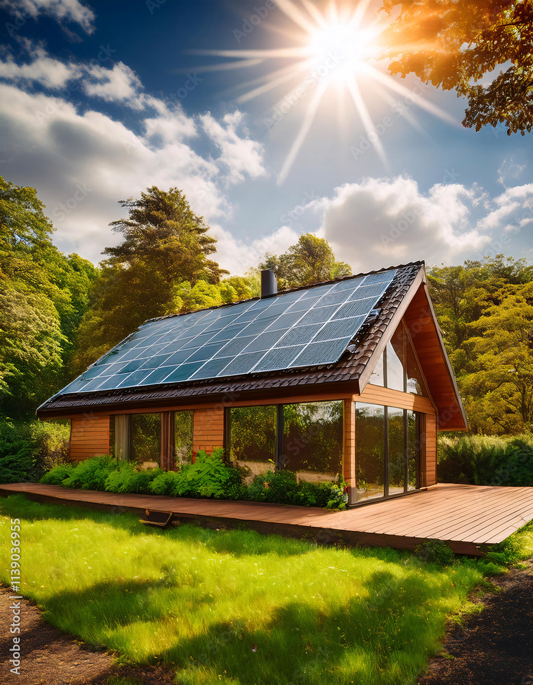 A modern, eco-friendly cabin nestled in a lush forest, powered by solar panels