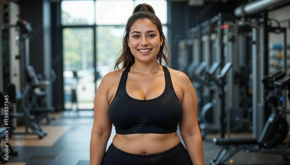 Confident Plus-Sized Woman Smiling in Gym Confident Plus-Sized Woman Smiling in Gym
