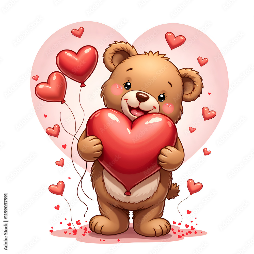 Obraz premium Adorable bear holding heart with balloons in a heart shaped background for romantic celebrations, digital art of character design concept.