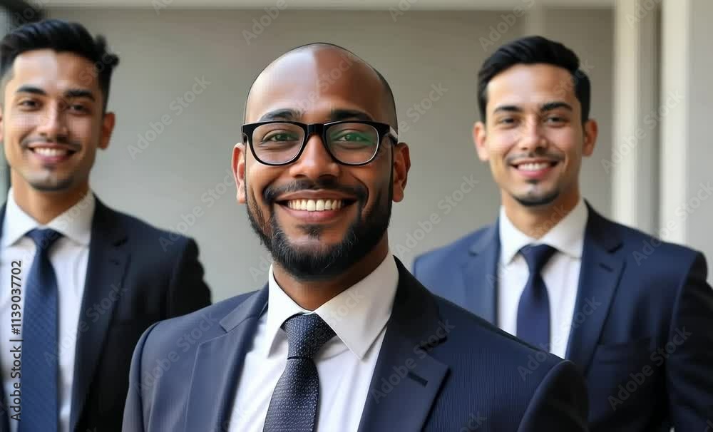Professional Business Men in Suits Smiling Confidently Together in Office Setting, Perfect for Corporate Marketing or Team Building Materials Professional Business Men in Suits Smiling Confidently Together in Office Setting, Perfect for Corporate Marketing or Team Building Materials