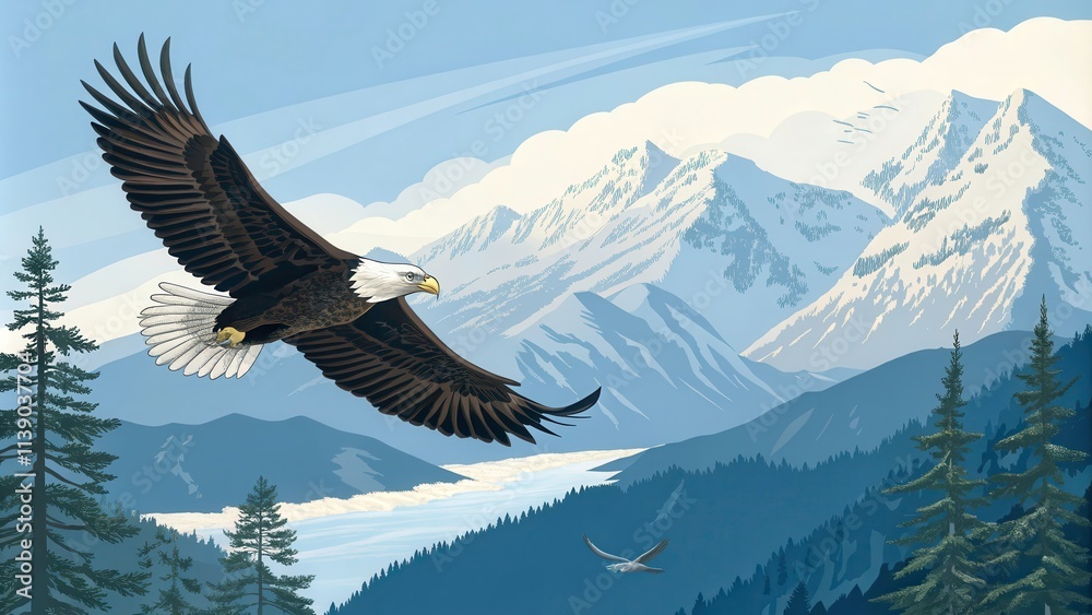 Fototapeta premium Bald Eagle Gliding Gracefully Above Snow Capped Mountains in Bright Blue Sky. Generative AI