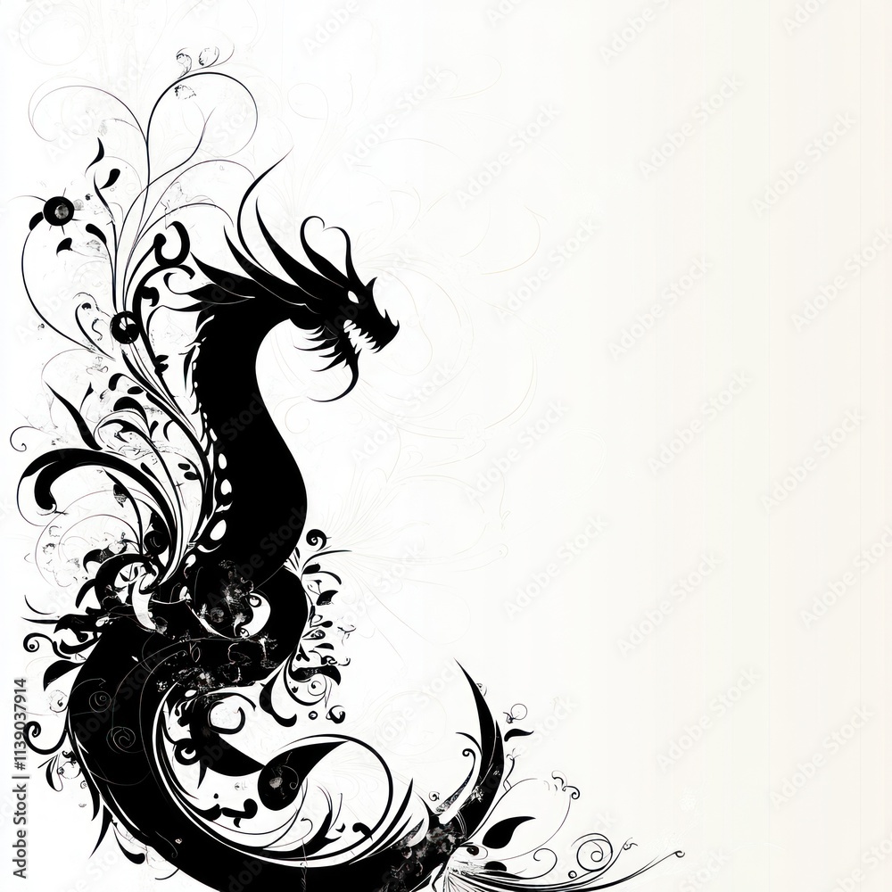 Black dragon silhouette entwined with floral swirls on white. Black dragon silhouette entwined with floral swirls on white.
