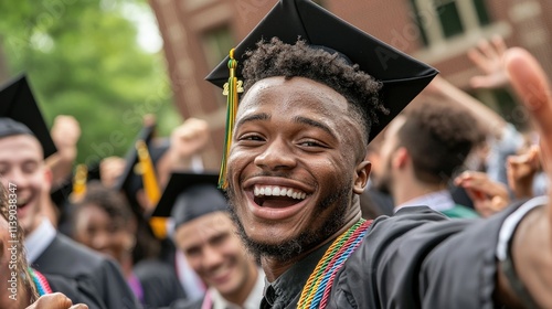 A joyous graduate pointing at their name on the university's honor roll, friends surrounding them in celebration photo