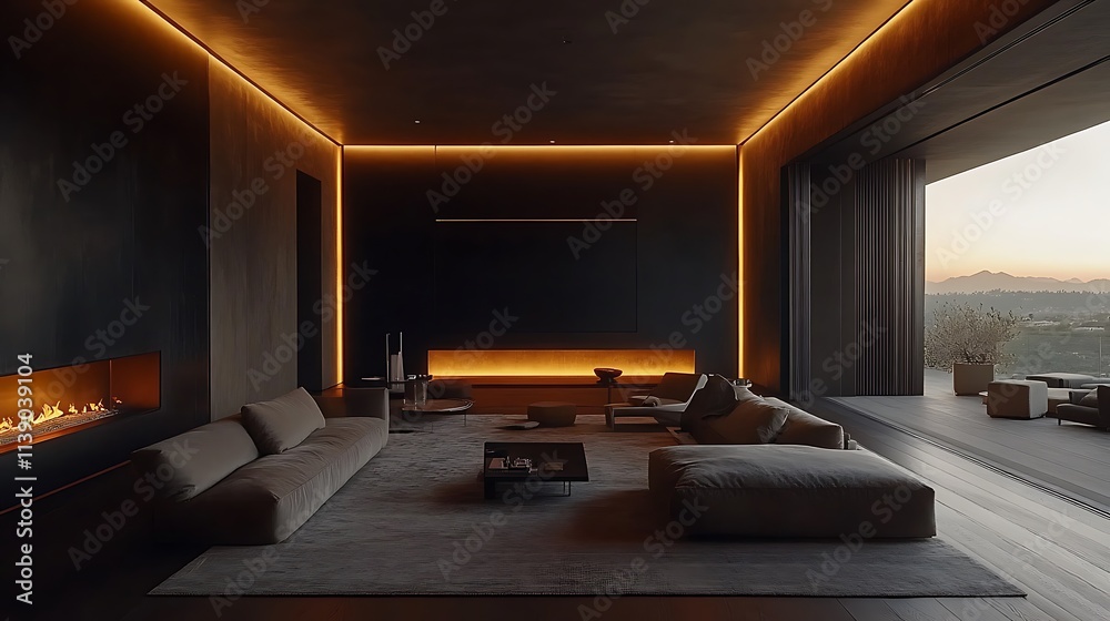 Living room with minimalist decor, dark walls, night lighting, uncluttered design Living room with minimalist decor, dark walls, night lighting, uncluttered design