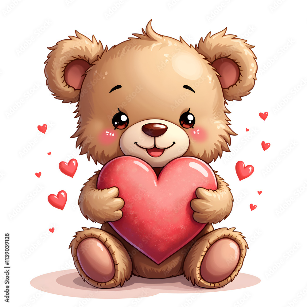 Obraz premium Adorable cartoon bear holding a heart surrounded by love hearts for a cute and heartwarming vibe, digital art of character design concept.
