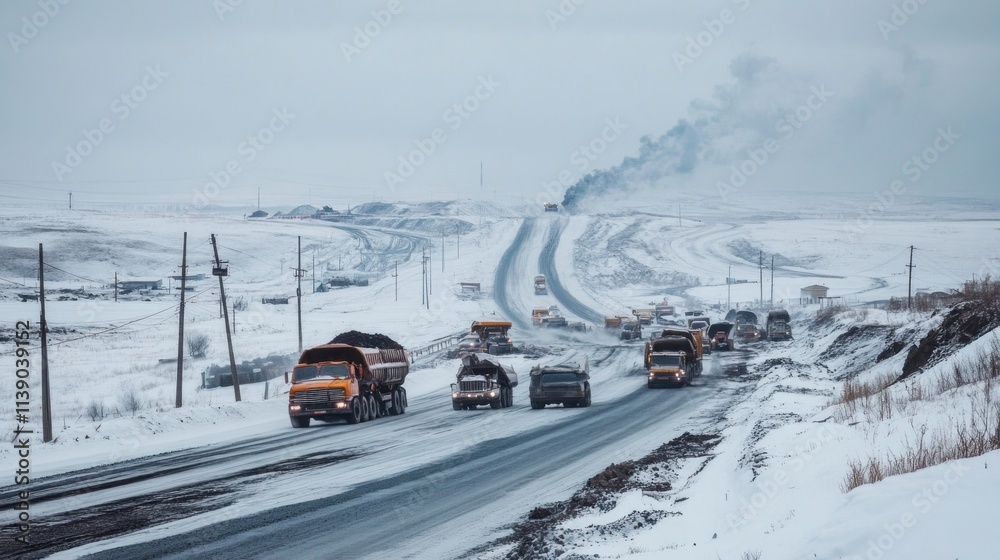 Winter road with many dump trucks transporting coal. Winter road with many dump trucks transporting coal.