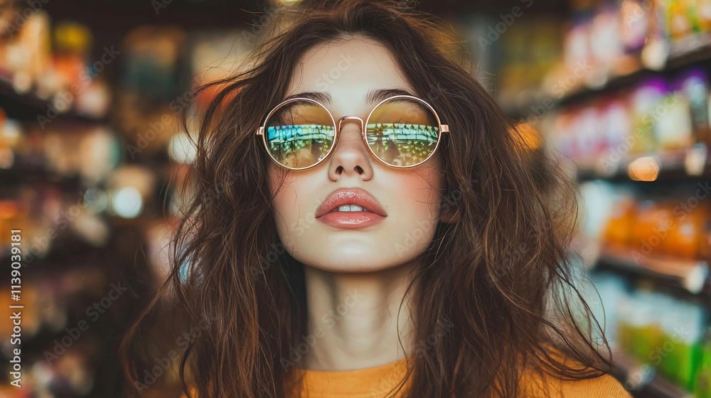 Young woman with round sunglasses in a store. Young woman with round sunglasses in a store.