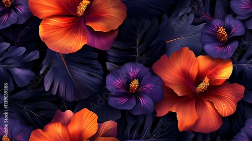 A dramatic display of oversized tropical flowers in fiery orange and purple hues, surrounded by lush leafy elements, on a textured black background with glowing accents, hd quality, exotic and bold.