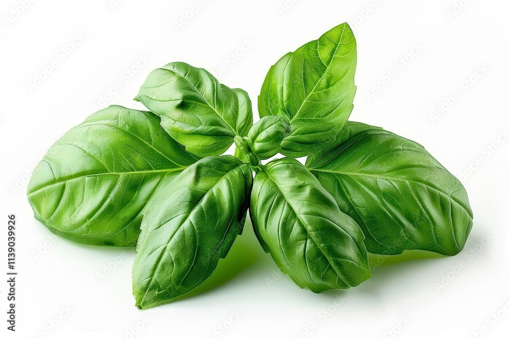 Fresh Basil Leaves Isolated on White Background Highlighting Their Vibrant Green Color and Smooth Texture. Generative AI Fresh Basil Leaves Isolated on White Background Highlighting Their Vibrant Green Color and Smooth Texture. Generative AI