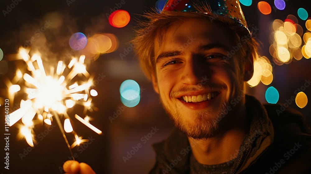 Happy man with sparkler at night celebration. Happy man with sparkler at night celebration.