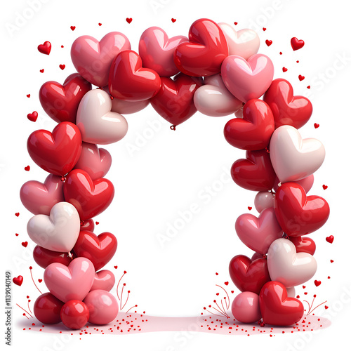 A vibrant archway of colorful hearts perfect for celebrations and romantic occasions, 3d rendering of decorative design concept.