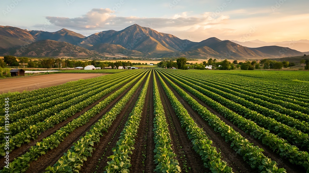 Expansive Green Fields of a Solar Powered Farm Under a Majestic Mountain Landscape at Sunset with Solar Panels in the Background Providing Sustainable Energy Solutions Expansive Green Fields of a Solar Powered Farm Under a Majestic Mountain Landscape at Sunset with Solar Panels in the Background Providing Sustainable Energy Solutions