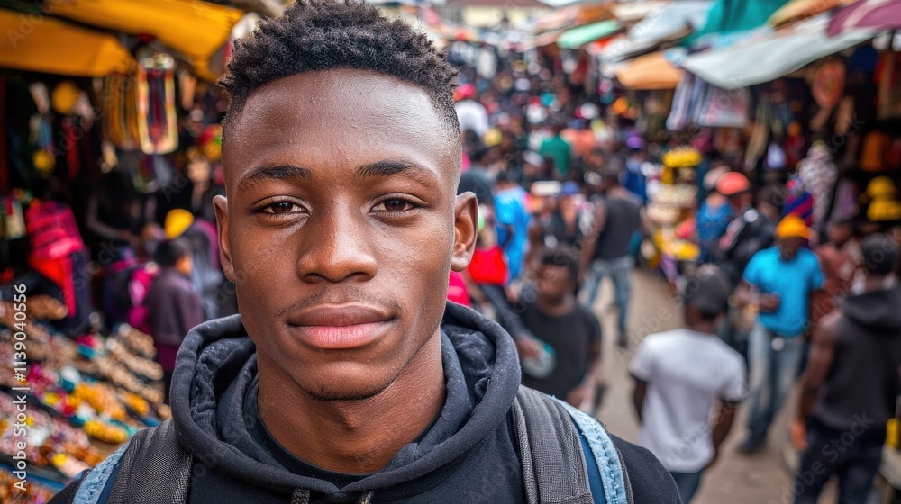 A large group of people gathered in a vibrant street market, with a young man standing still in the foreground, looking directly at the camera with a calm demeanor A large group of people gathered in a vibrant street market, with a young man standing still in the foreground, looking directly at the camera with a calm demeanor