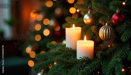 Sparkling candles behind a lush evergreen tree with ornaments, warm glow, greenery, rustic charm