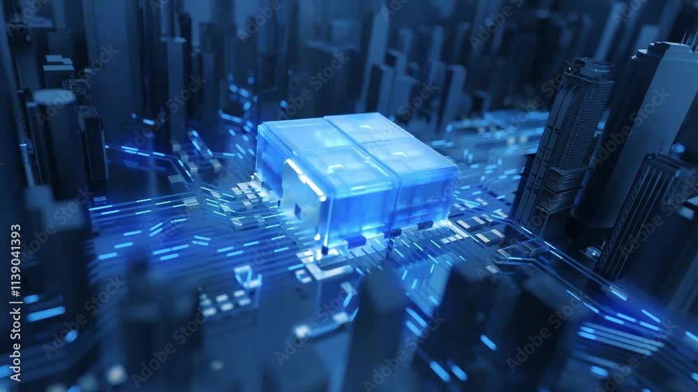 Concept advanced futuristic microprocessor chip connecting with a motherboard and activates entire system. High tech processor chip animation in city buildings, tech motherboard circuit current.