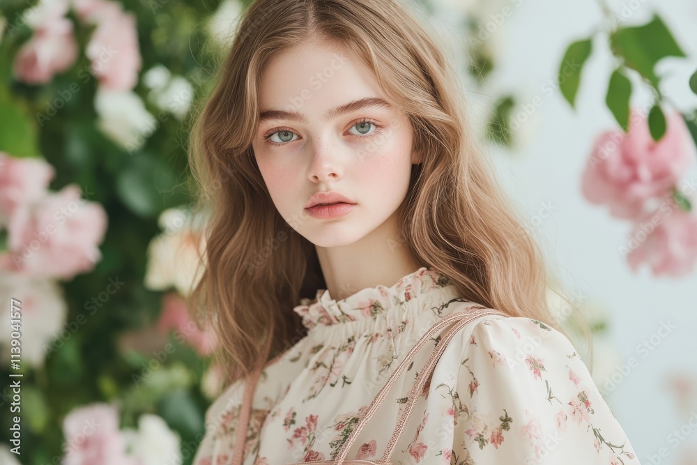 Serene Young Woman with Long Wavy Hair Posing Calmly Among Flourishing Pink and White Flowers in a Soft, Dreamy Environment Serene Young Woman with Long Wavy Hair Posing Calmly Among Flourishing Pink and White Flowers in a Soft, Dreamy Environment