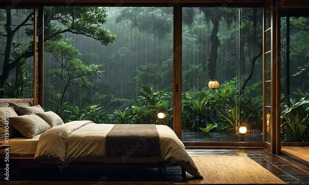 Serene bedroom with floor-to-ceiling windows showcasing a lush rainforest during a downpour.