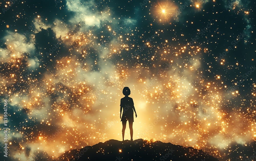 An abstract silhouette filled with stars and light, symbolizing the creative spark of imagination, vibrant and dynamic composition, highdefinition, inspirational concept An abstract silhouette filled with stars and light, symbolizing the creative spark of imagination, vibrant and dynamic composition, highdefinition, inspirational concept