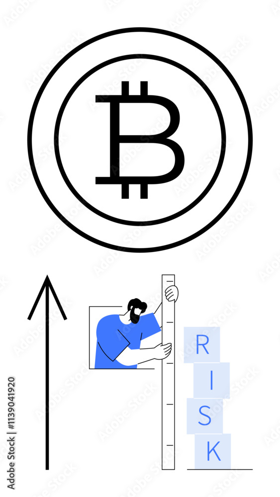 Bitcoin icon with upward arrow, person measuring risk blocks. Ideal for cryptocurrency, investment risk, financial growth, blockchain technology, market analysis, digital currency, economic trends Bitcoin icon with upward arrow, person measuring risk blocks. Ideal for cryptocurrency, investment risk, financial growth, blockchain technology, market analysis, digital currency, economic trends