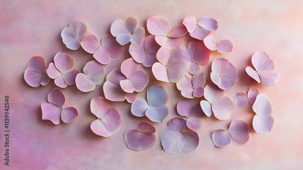 Obraz premium Heart-shaped flower petals scattered across a pale pink canvas background representing love and tenderness