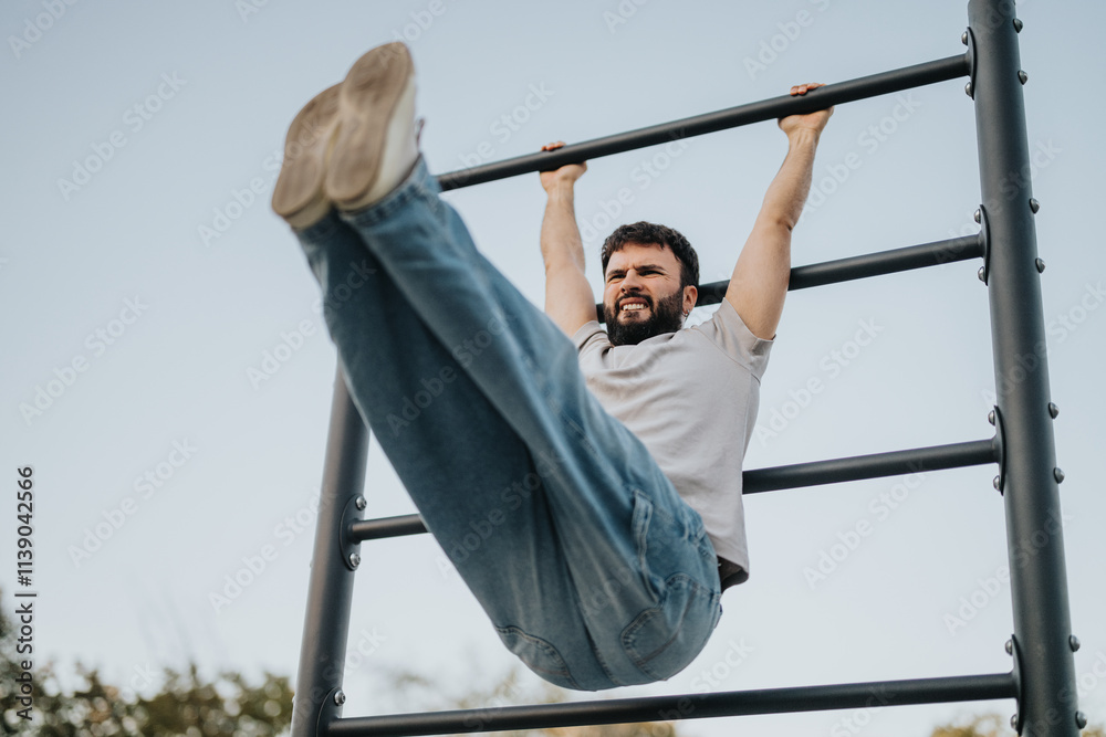 Obraz premium A man demonstrates strength and fitness by hanging from a pull-up bar outdoors. His expression shows determination and focus, showcasing an active lifestyle and a dedication to physical health.