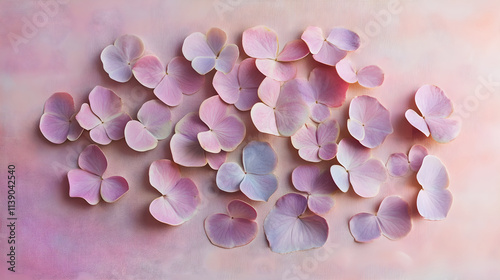 Heart-shaped flower petals scattered across a pale pink canvas background representing love and tenderness photo