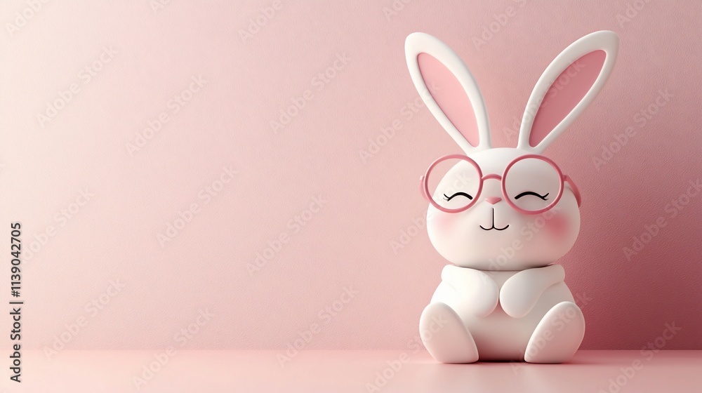 Obraz premium Cute cartoon bunny wearing glasses on pink background.