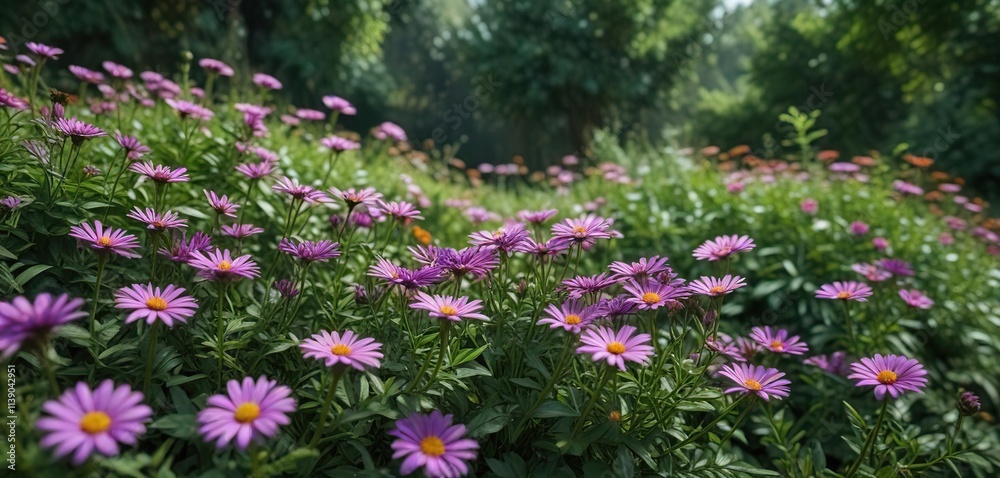 Fototapeta premium Vibrant aster flowers amidst lush green foliage, flowering plants, bloom