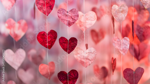 Pink and red paper heart cutouts hanging from strings on a soft blurred background symbolizing handcrafted love