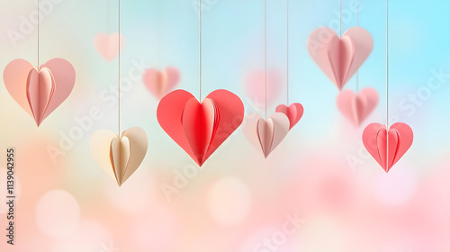 Pink and red paper heart cutouts hanging from strings on a soft blurred background symbolizing handcrafted love