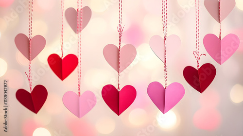 Pink and red paper heart cutouts hanging from strings on a soft blurred background symbolizing handcrafted love