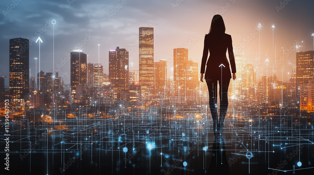 Abstract businesswoman stands on the peak of success Smart digital city with connection cyber security network reciprocity over the cityscape future wireless digital city and social media networking Abstract businesswoman stands on the peak of success Smart digital city with connection cyber security network reciprocity over the cityscape future wireless digital city and social media networking