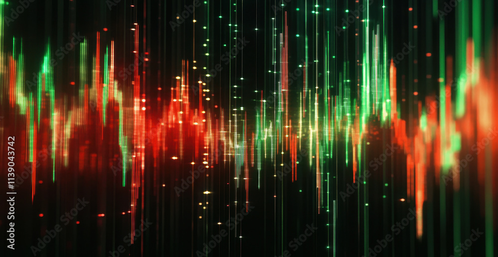 Dynamic sound wave visualization with vibrant colors and patterns, showcasing blend of red, green, and white lights. This abstract representation evokes energy and movement Dynamic sound wave visualization with vibrant colors and patterns, showcasing blend of red, green, and white lights. This abstract representation evokes energy and movement