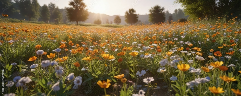 Obraz premium Wiese mit bl?henden Sonnenblumen und Kornblumen in voller Bl?te, wildflowers, blooming