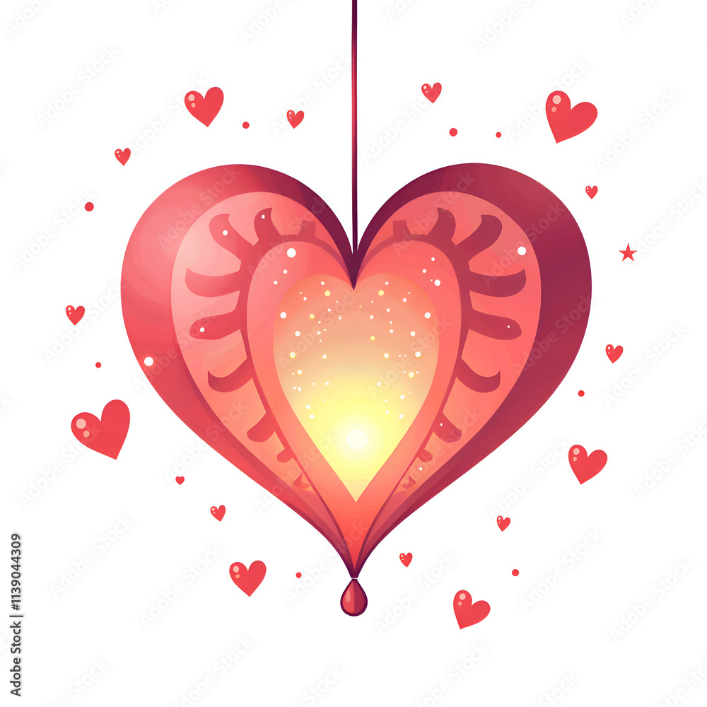 A vibrant heart pendant illuminated by a warm glow surrounded by smaller hearts, digital illustration of symbolic art concept. A vibrant heart pendant illuminated by a warm glow surrounded by smaller hearts, digital illustration of symbolic art concept.