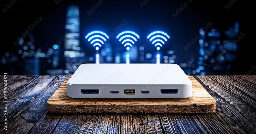 Modern Wireless Hub on Table with City Background Modern Wireless Hub on Table with City Background